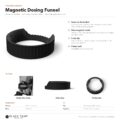 Produktdatenblatt des magnetischen Eureka Mignon Dosiertrichters mit Merkmalen, Nahaufnahmen und Maßen