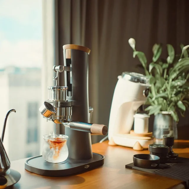 Alkaid auf einem Holzschreibtisch am Fenster, Espresso tropft in ein Glas mit Eis, dahinter Mühle und Pflanze