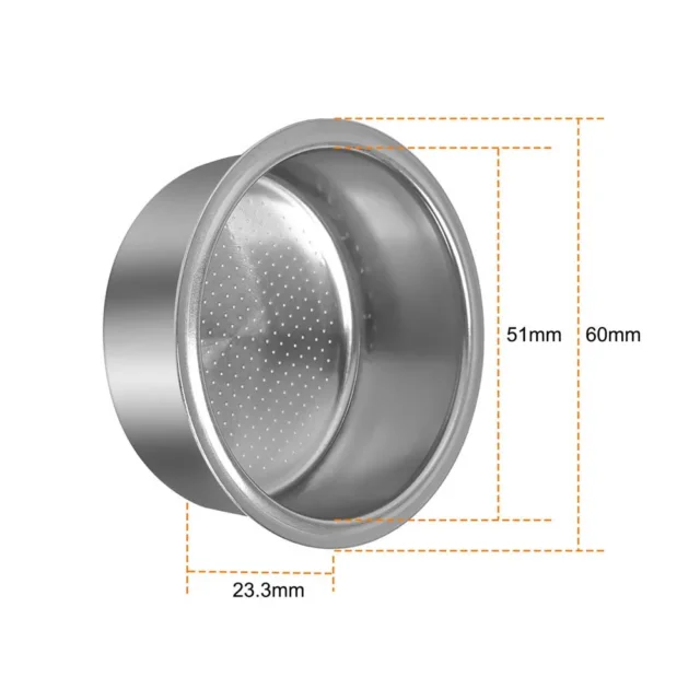 Sieb mit Maßlinien: innen 51 mm, 60 mm über den Rand und 23,3 mm tief
