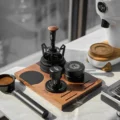 IKAPE Tamper Distributor Set, dreiteilige Option mit WDT-Tool, auf einem Holztablett neben einem Siebträger
