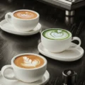 Drei Latte-Tassen mit Latte Art auf einem dunklen Holztisch, in einer davon ein grüner Matcha Latte