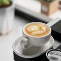 Latte-Tasse mit einer Schnecke als Latte Art, auf ihrer ovalen Untertasse auf einer schwarzen Arbeitsfläche