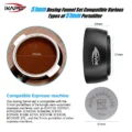Infografik Set 51 mm: schwarzer Trichter 33 mm hoch, ein Sieb mit 51 mm und der passende Puck Screen mit 51 mm