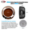Infografik Set 58 mm: schwarzer Trichter 33 mm hoch neben einem Sieb mit Kaffee und dem Puck Screen mit 58,5 mm