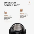 Offener Wassertank der V1 mit Linien für MAX, 70 ml und 50 ml, in einer Grafik zu einfachem oder doppeltem Shot