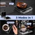 Drei Einsätze der IKAPE V2 Pro Waage: Bohnen wiegen, Handfilter und ein Espresso-Shot
