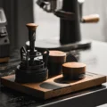 Holztablett auf dunkler Arbeitsfläche mit dem V4, einem kürzeren Werkzeug mit Nussbaumkopf, WDT-Tool und Puck Screen