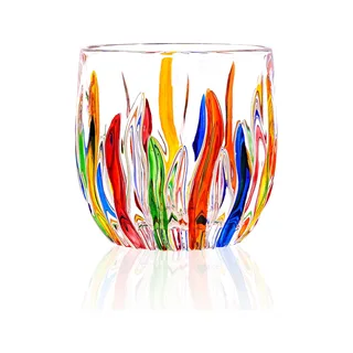 Glas Regenbogen (dunkel) auf Weiß: klares Glas mit kräftigen Flammenstreifen in Rot, Orange, Gelb, Grün und Blau