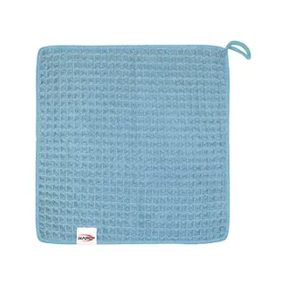 Blaues IKAPE Bartuch 30 x 30 cm, flach ausgelegt, mit eingenähtem Etikett und Aufhängeschlaufe an einer Ecke