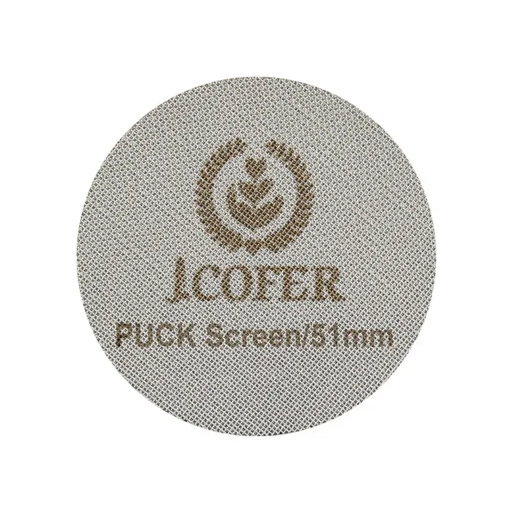 IKAPE Puck Screen V1 für Espresso in 51 mm, eine runde feinmaschige Scheibe mit eingraviertem Blattemblem und Größe