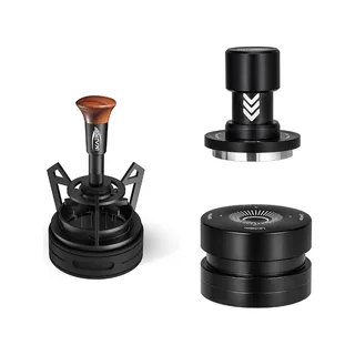 Dreiteilige Option auf Weiß: das V3 WDT-Tool mit Holzknauf, der V6 Impact-Tamper Mini und der Distributor