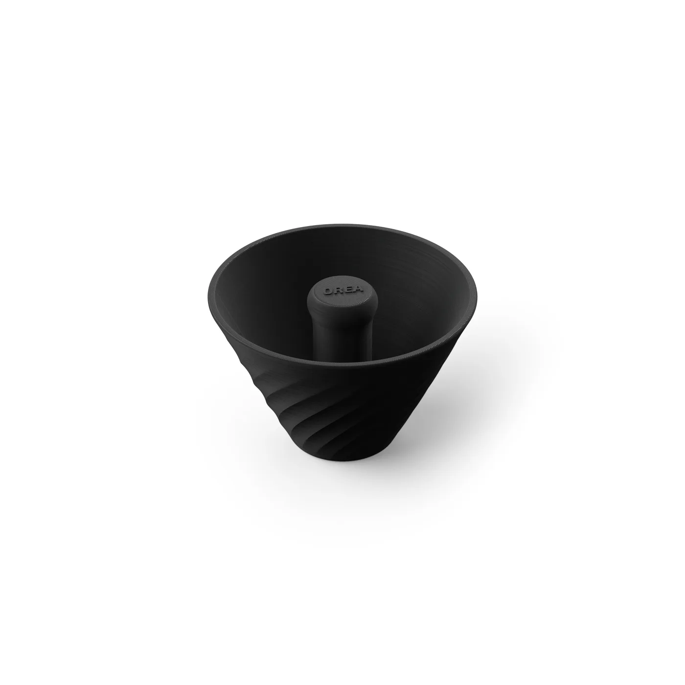 Black Tamp filter negotiator for the Orea, black funnel with the handle fitted, seen from a three-quarter angle