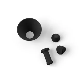 Parts of the Orea negotiator from above: the open funnel, the handle and the two tips on white