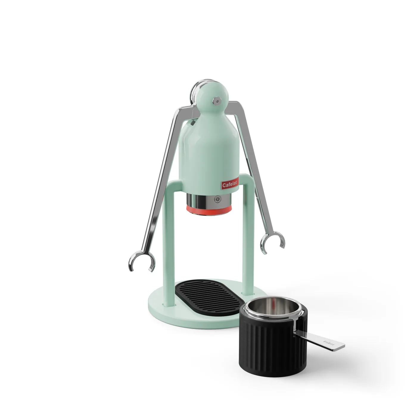 Siebträgerständer für Cafelat Robot mit Siebträger neben einem mint Robot, auf Weiß