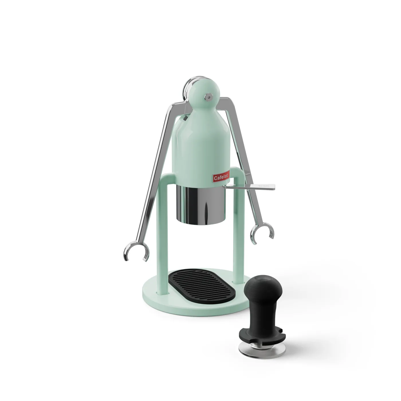 Tampergriff für Cafelat Robot auf dem Edelstahl-Tamper des Robot neben einem mint Robot, auf Weiß