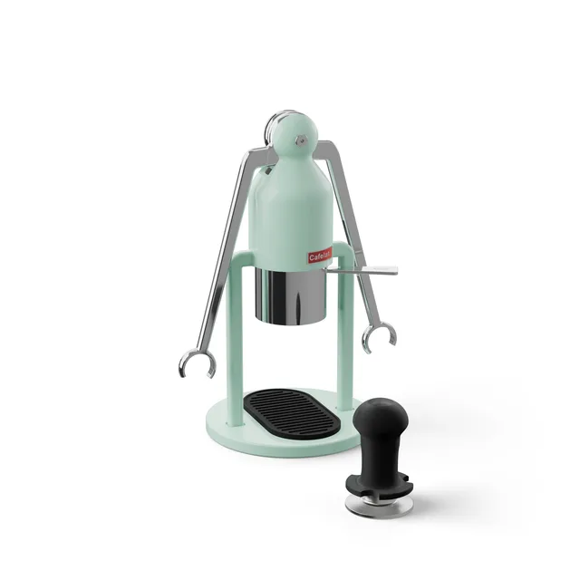 Tampergriff für Cafelat Robot auf dem Edelstahl-Tamper des Robot neben einem mint Robot, auf Weiß