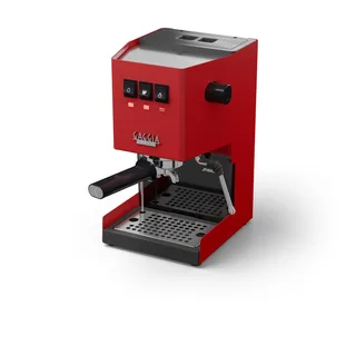 Bandeja de Goteo de Perfil Bajo para Gaggia Classic en una Gaggia Classic roja, la rejilla original encima, sobre blanco