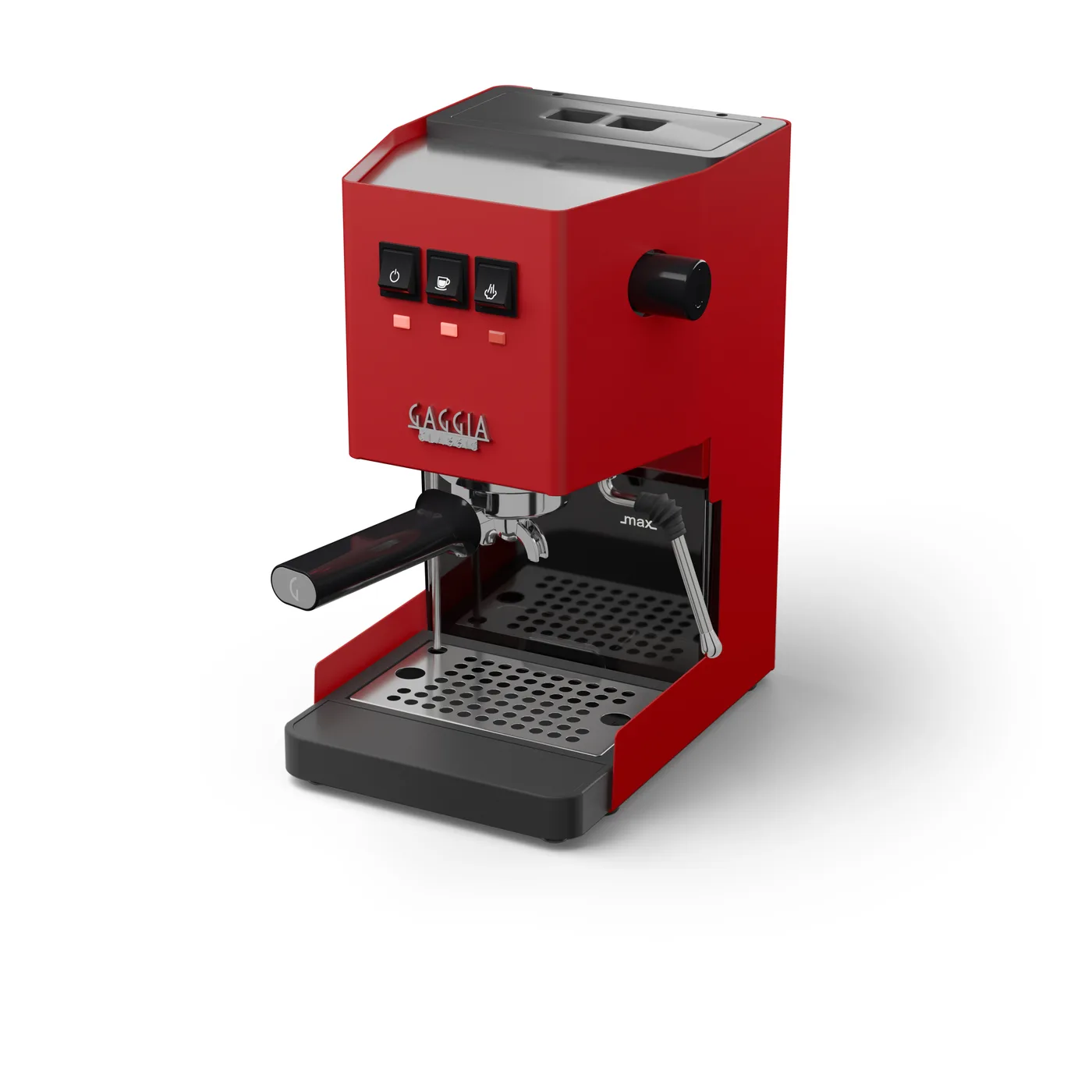 Verlängerte flache Abtropfschale für Gaggia Classic, die vor eine rote Gaggia Classic hinausreicht, auf Weiß