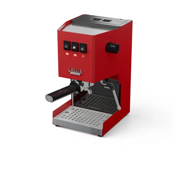 Flache Edelstahl-Abtropfschale für Gaggia Classic eingesetzt in eine rote Gaggia Classic, auf Weiß