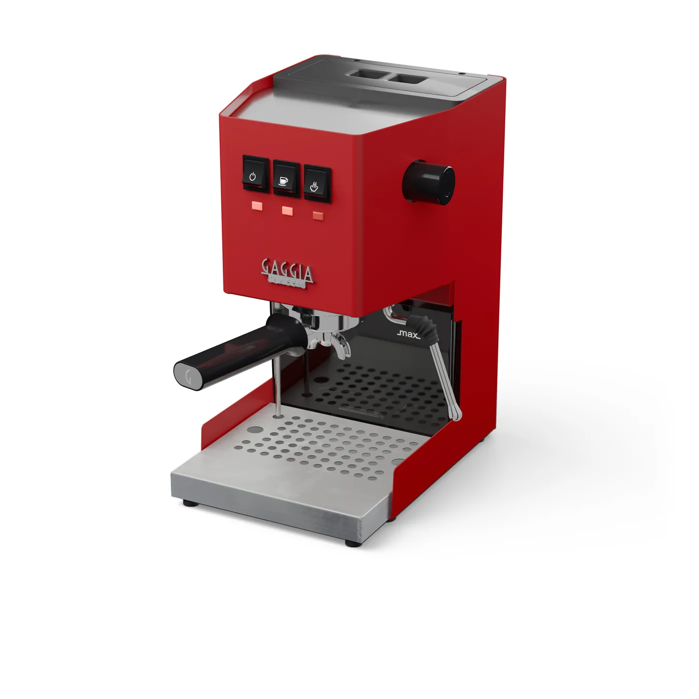 Verlängerte flache Edelstahl-Abtropfschale für Gaggia Classic reicht aus einer roten Gaggia Classic hinaus, auf Weiß