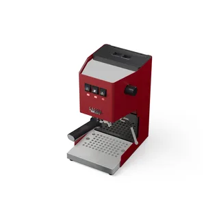 Gaggia Classic mit verlängerter Edelstahlschale von oben im Winkel gesehen, auf Weiß
