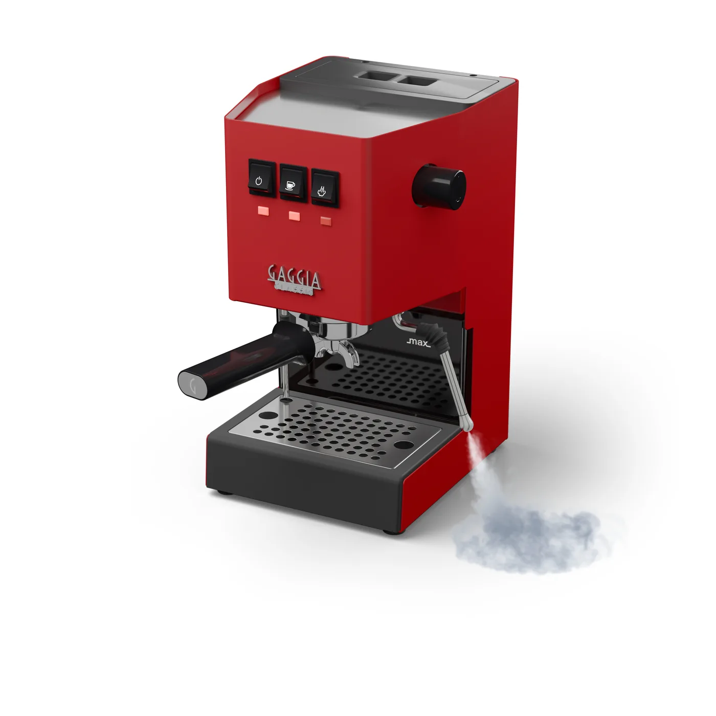 Einloch-Dampfdüse für Gaggia Classic an einer roten Gaggia Classic, ein Dampfstrahl aus ihrem einen Loch, auf Weiß