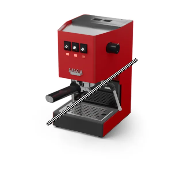 Langes Edelstahl-Entlüftungsrohr für Gaggia Classic, ein poliertes Edelstahlrohr vor einer roten Gaggia Classic, auf Weiß