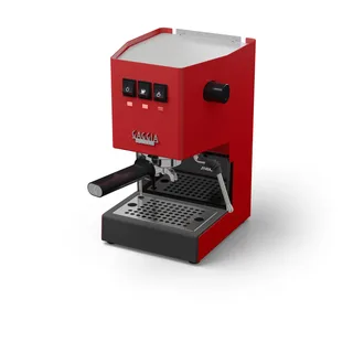 Verlängerte Edelstahl-Oberabdeckung für Gaggia Classic, satiniert, auf einer roten Gaggia Classic, auf Weiß