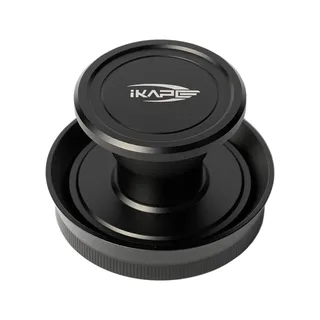 IKAPE Kapo K2 Zubehör: Mini-Tamper in seinem Dosiertrichter, beide in Schwarz, auf weißem Hintergrund
