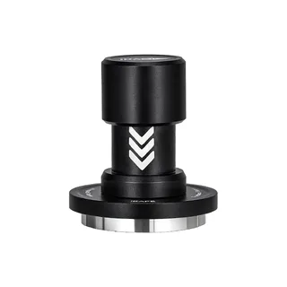 IKAPE V6 Impact Tamper Mini in Schwarz, kurzer Griff mit weißen Chevrons, IKAPE Ring und Stahlbasis