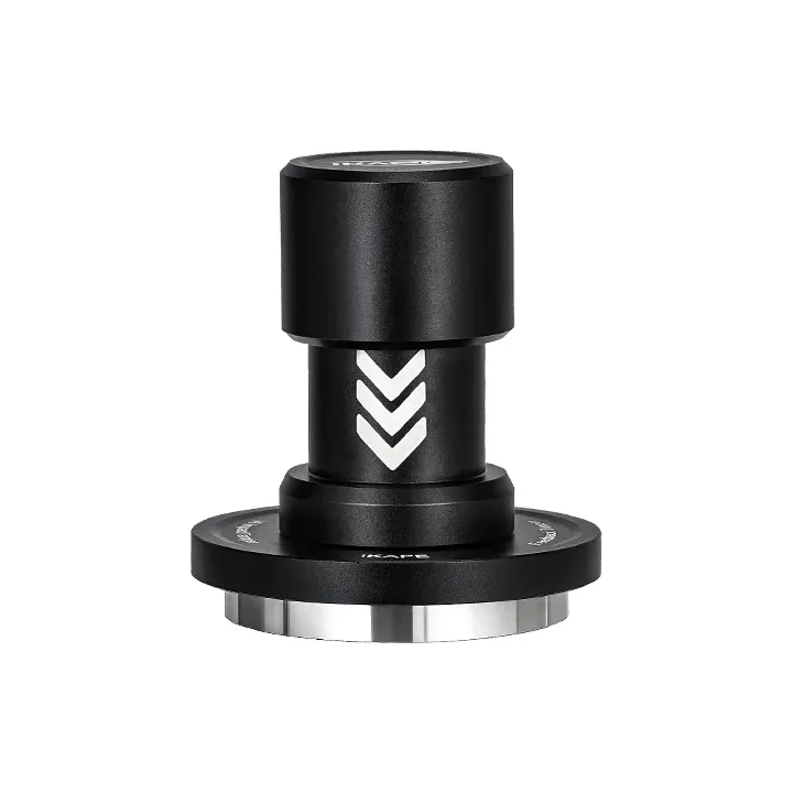 IKAPE V6 Impact Tamper Mini in Schwarz, kurzer Griff mit weißen Chevrons, IKAPE Ring und Stahlbasis