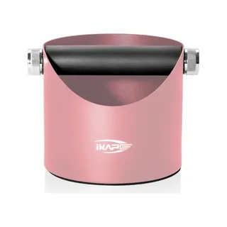 IKAPE V1 Abklopfbehälter in Rosa, Vorderansicht der gebogenen Öffnung und der schwarzen Klopfstange