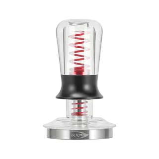 IKAPE Tamper transparent, Farbe Transparent Rot: klarer Griff mit roter Feder innen, schwarze Taille, silberne Basis