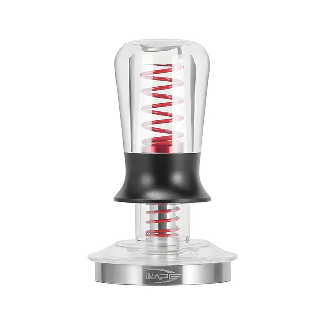 IKAPE Tamper transparent, Farbe Transparent Rot: klarer Griff mit roter Feder innen, schwarze Taille, silberne Basis