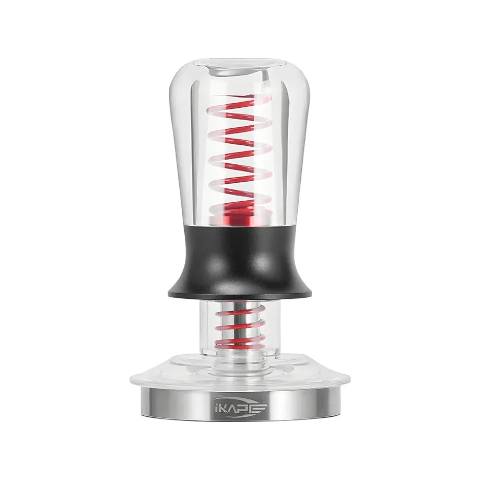 IKAPE Tamper transparent, Farbe Transparent Rot: klarer Griff mit roter Feder innen, schwarze Taille, silberne Basis