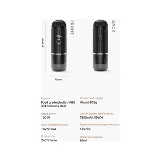 Vorder- und Rückansicht der schwarzen V1, 248 mm hoch und 75 mm breit, über einer Tabelle mit technischen Daten