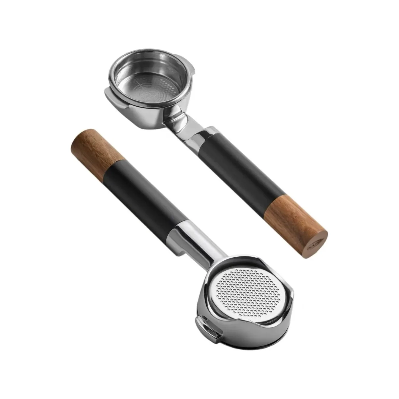 IKAPE durchbrochener, bodenloser Siebträger Sage / Breville in 54 mm oder E61 in 58 mm, von oben und von unten gesehen