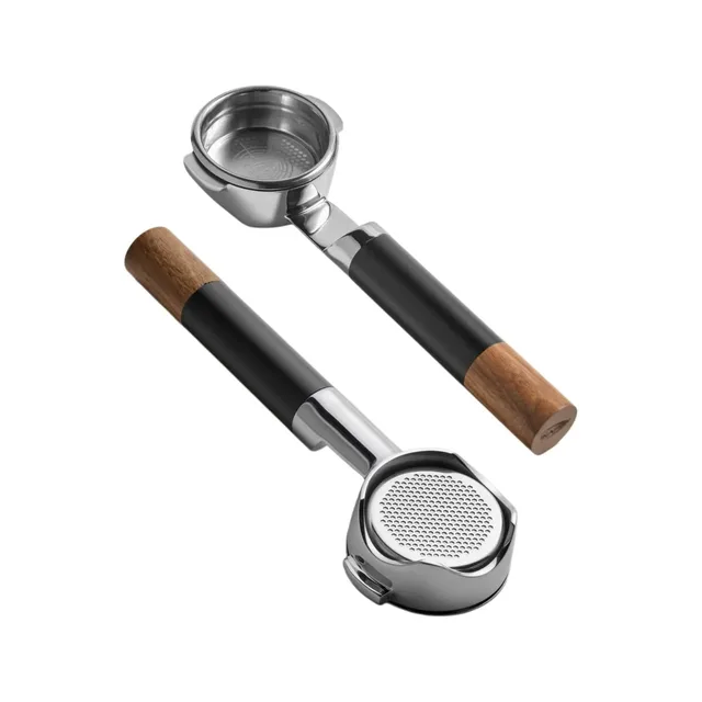 IKAPE durchbrochener, bodenloser Siebträger Sage / Breville in 54 mm oder E61 in 58 mm, von oben und von unten gesehen