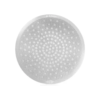 IKAPE Puck Screen V3 in 51 mm auf Weiß: feines Gewebe mit Ringen größerer runder Löcher, die Größe am Rand eingeätzt