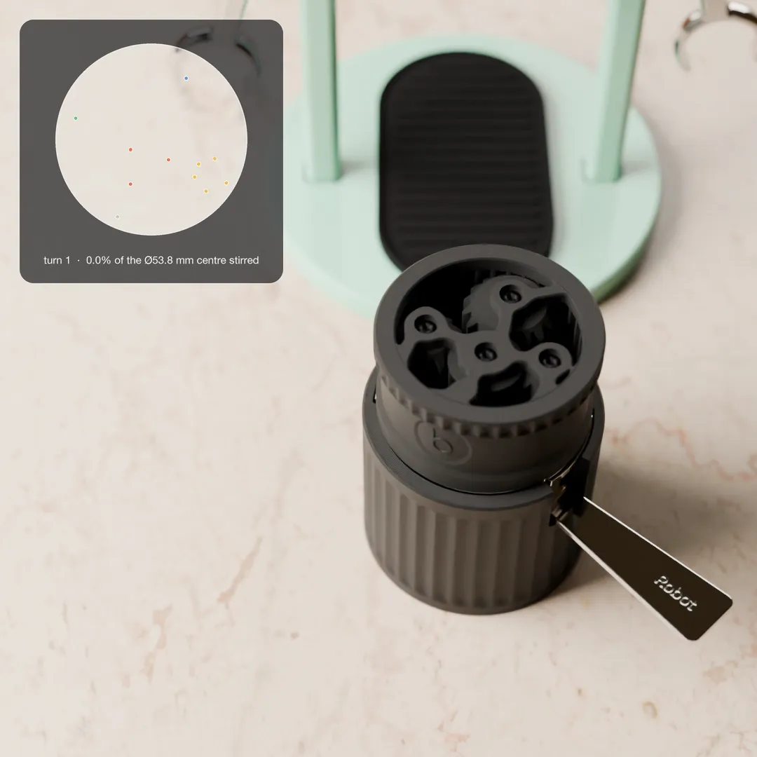 Animation des WDT-Tools, das sich auf einem Cafelat-Robot-Sieb dreht, während die Nadelbahnen das Sieb füllen