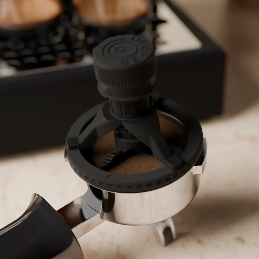 Animation des VDT Tools, das sich auf einem Siebträger dreht und den getampten Kaffee trimmt